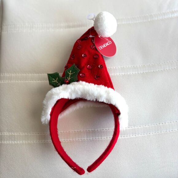 Demdaco Girl's Red Felt Sequin Santa Hat Holiday Headband with Faux Fur Trim - Picture 2 of 4